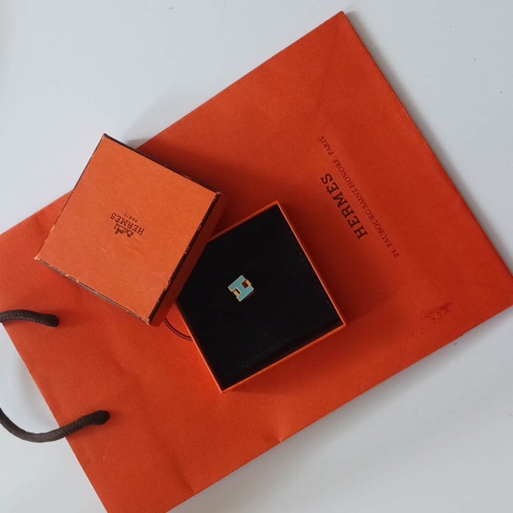 Authentic Hermes H cube necklace charm, Blue/ Gold
